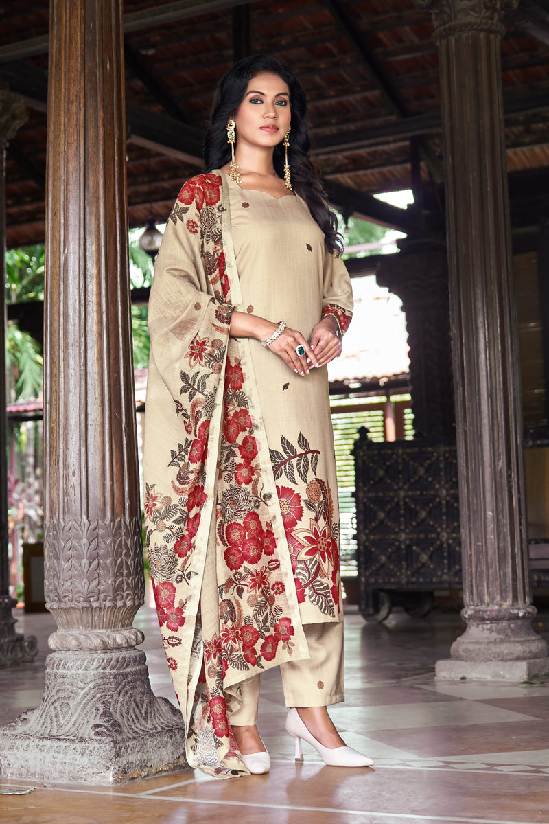 Beige Kurta Set with Red Floral Printed Dupatta | Women's 3-Piece Ethnic Wear