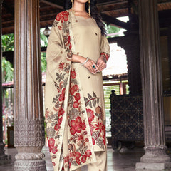 Beige Kurta Set with Red Floral Printed Dupatta | Women's 3-Piece Ethnic Wear