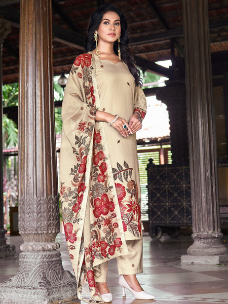 Beige Kurta Set with Red Floral Printed Dupatta | Women's 3-Piece Ethnic Wear