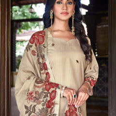 Beige Kurta Set with Red Floral Printed Dupatta | Women's 3-Piece Ethnic Wear
