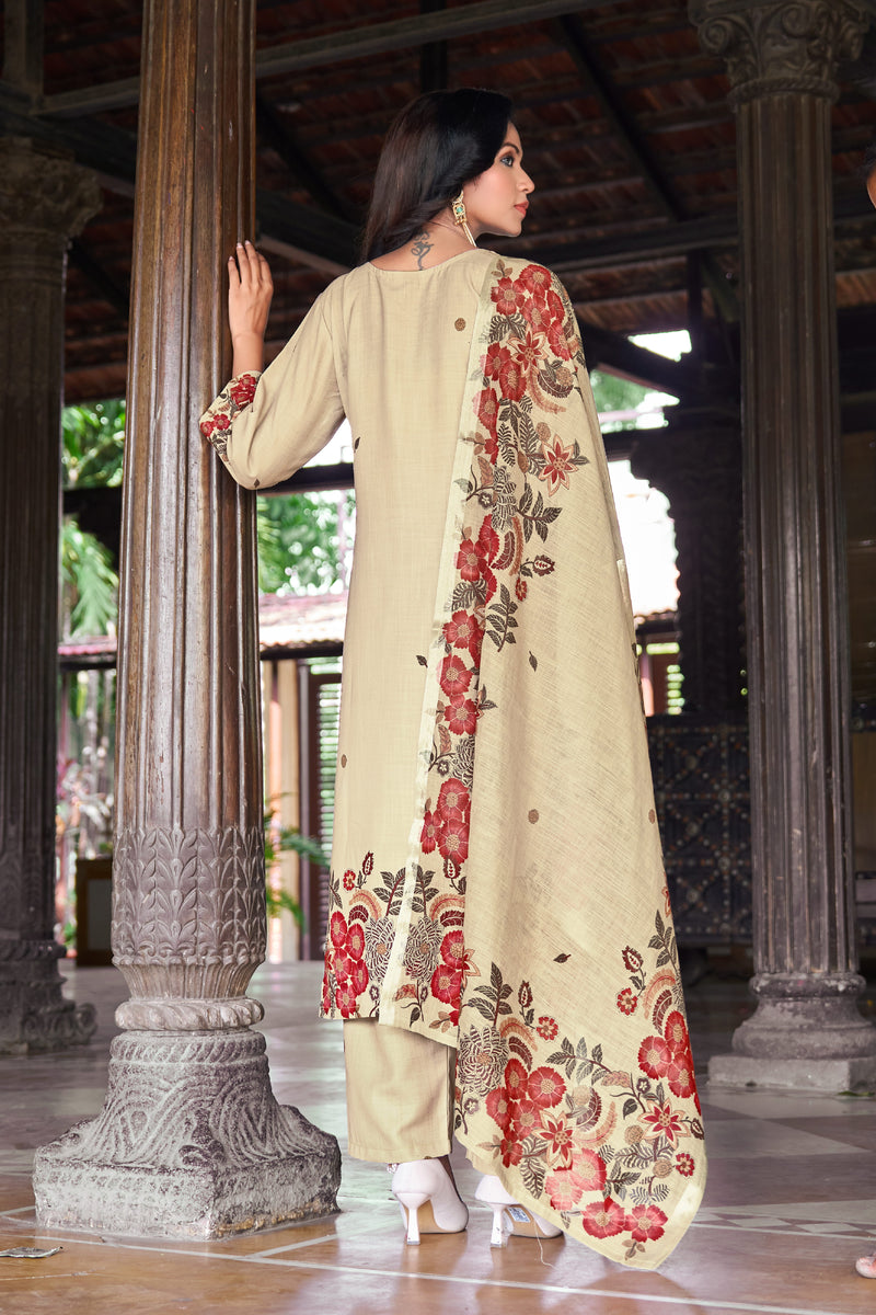 Beige Kurta Set with Red Floral Printed Dupatta | Women's 3-Piece Ethnic Wear