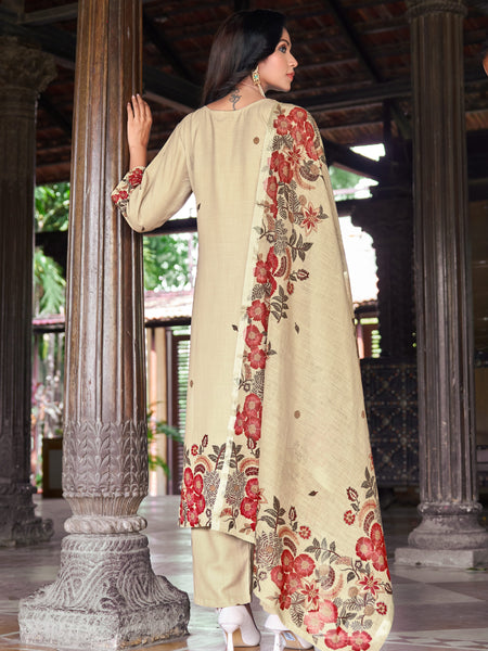 Beige Kurta Set with Red Floral Printed Dupatta | Women's 3-Piece Ethnic Wear