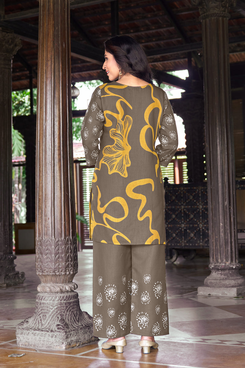Mustard Olive Abstract Floral Printed Kurta Set | Women's 2-Piece Co-ord Set