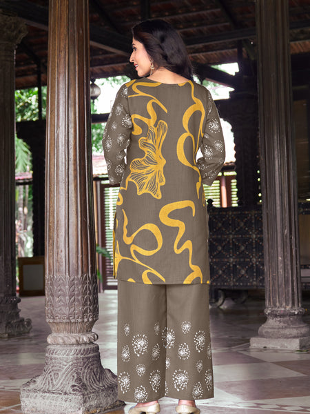Mustard Olive Abstract Floral Printed Kurta Set | Women's 2-Piece Co-ord Set