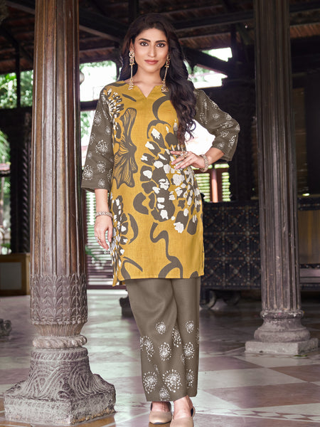Mustard Olive Abstract Floral Printed Kurta Set | Women's 2-Piece Co-ord Set
