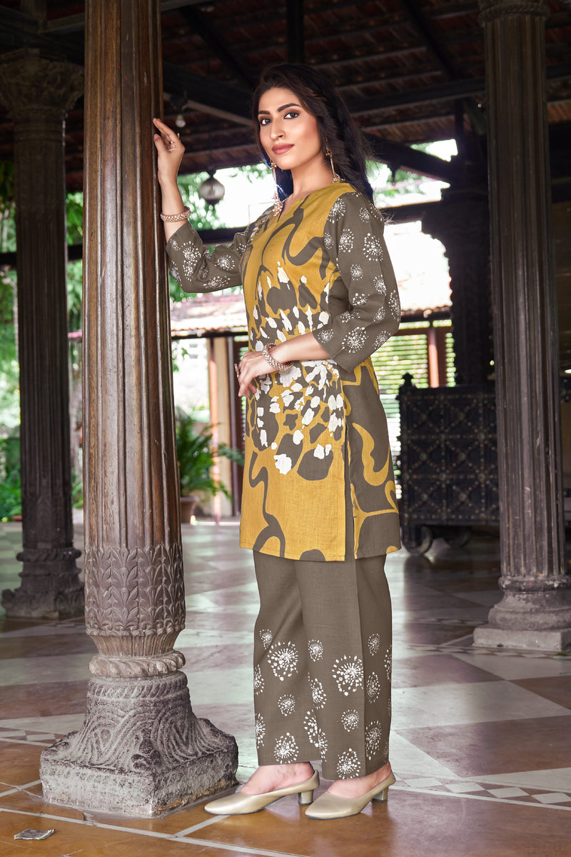 Mustard Olive Abstract Floral Printed Kurta Set | Women's 2-Piece Co-ord Set