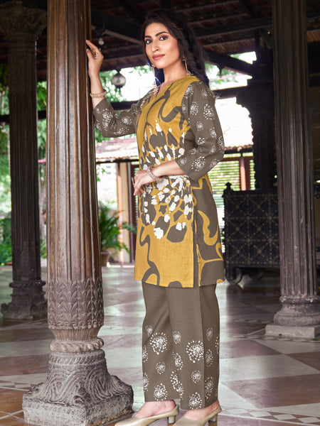 Mustard Olive Abstract Floral Printed Kurta Set | Women's 2-Piece Co-ord Set