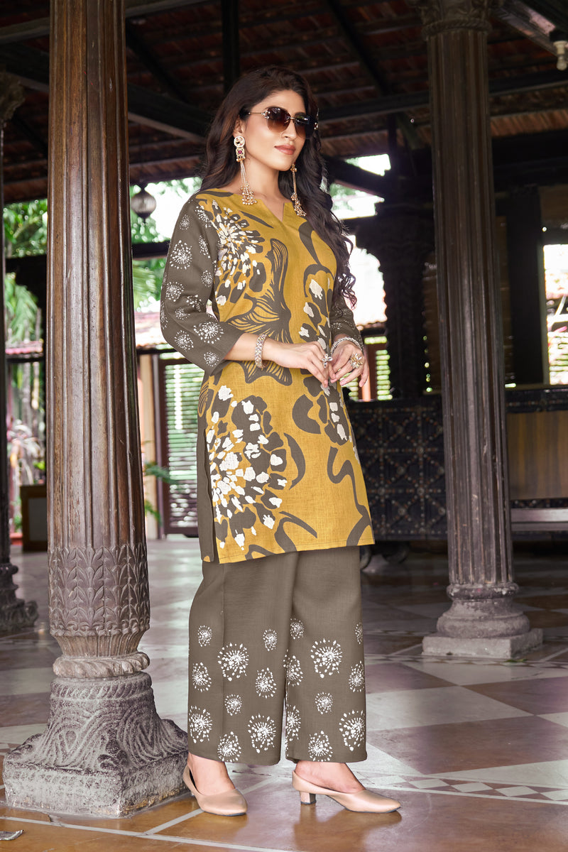 Mustard Olive Abstract Floral Printed Kurta Set | Women's 2-Piece Co-ord Set