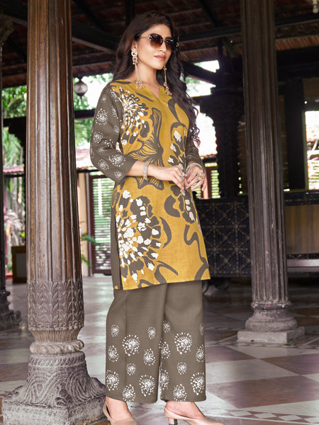 Mustard Olive Abstract Floral Printed Kurta Set | Women's 2-Piece Co-ord Set