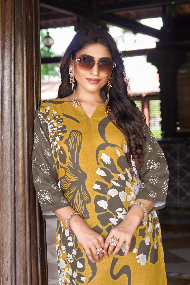 Mustard Olive Abstract Floral Printed Kurta Set | Women's 2-Piece Co-ord Set