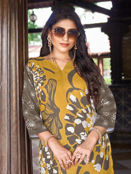 Mustard Olive Abstract Floral Printed Kurta Set | Women's 2-Piece Co-ord Set