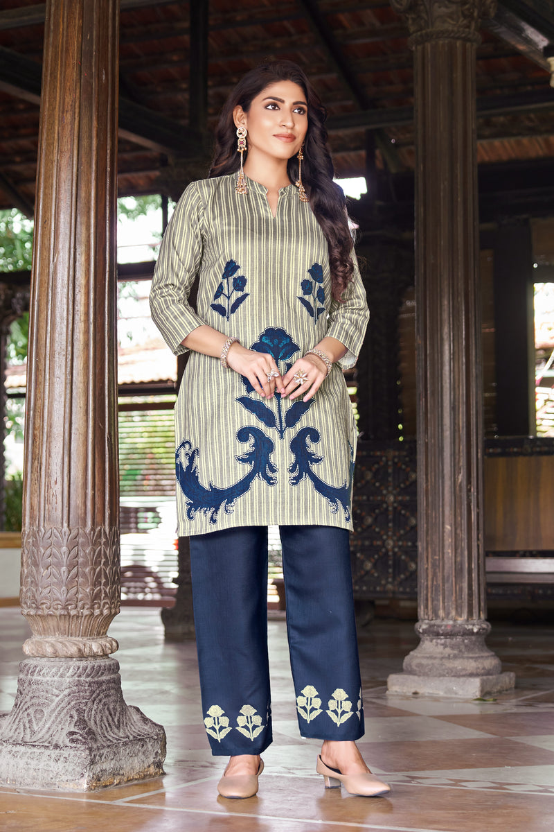 Dark Blue Striped Kurta Set with Floral Print | Women's 2-Piece Co-ord Set