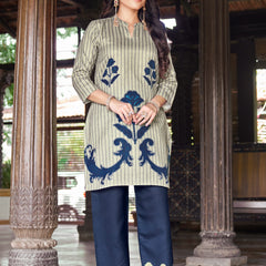 Dark Blue Striped Kurta Set with Floral Print | Women's 2-Piece Co-ord Set