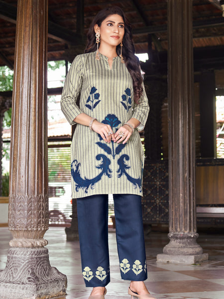 Dark Blue Striped Kurta Set with Floral Print | Women's 2-Piece Co-ord Set