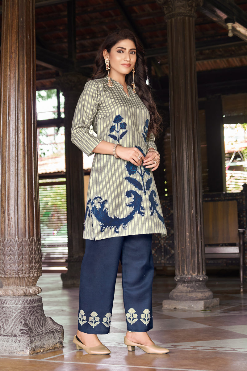 Dark Blue Striped Kurta Set with Floral Print | Women's 2-Piece Co-ord Set