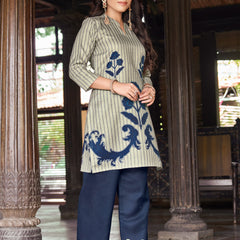 Dark Blue Striped Kurta Set with Floral Print | Women's 2-Piece Co-ord Set