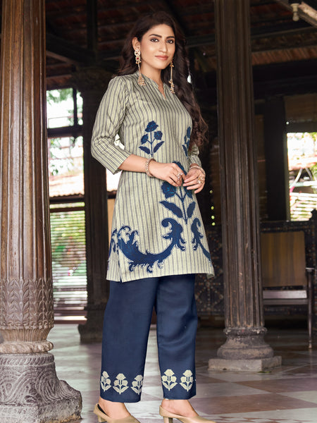 Dark Blue Striped Kurta Set with Floral Print | Women's 2-Piece Co-ord Set