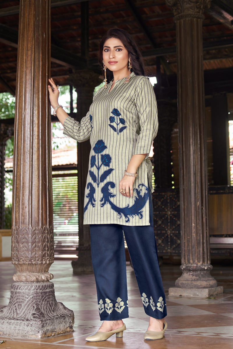 Dark Blue Striped Kurta Set with Floral Print | Women's 2-Piece Co-ord Set