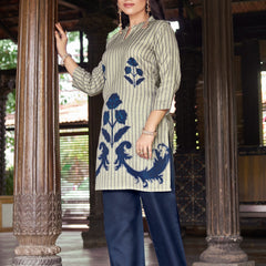 Dark Blue Striped Kurta Set with Floral Print | Women's 2-Piece Co-ord Set