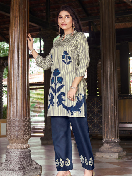 Dark Blue Striped Kurta Set with Floral Print | Women's 2-Piece Co-ord Set