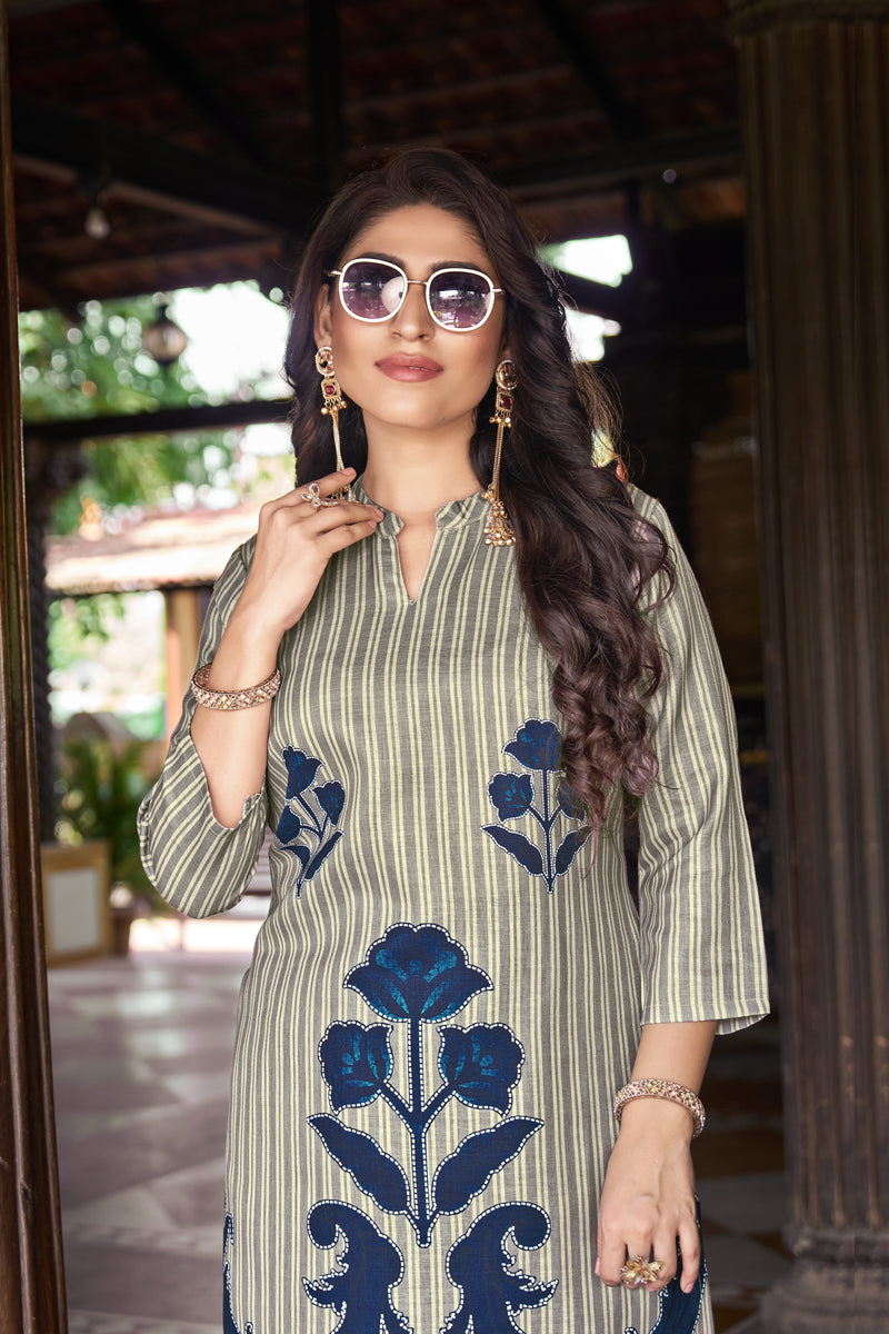 Dark Blue Striped Kurta Set with Floral Print | Women's 2-Piece Co-ord Set
