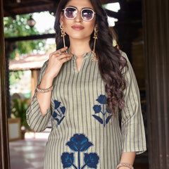 Dark Blue Striped Kurta Set with Floral Print | Women's 2-Piece Co-ord Set