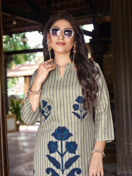 Dark Blue Striped Kurta Set with Floral Print | Women's 2-Piece Co-ord Set