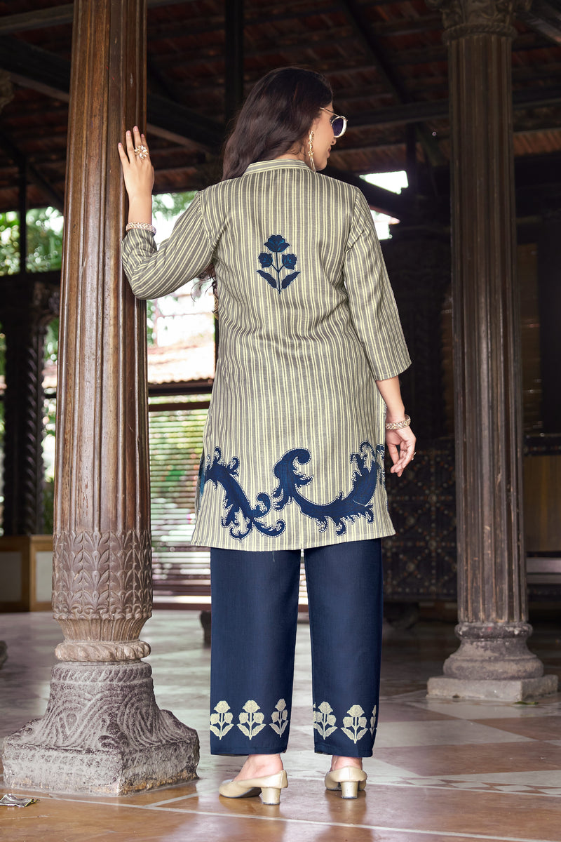 Dark Blue Striped Kurta Set with Floral Print | Women's 2-Piece Co-ord Set