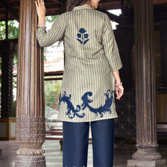 Dark Blue Striped Kurta Set with Floral Print | Women's 2-Piece Co-ord Set