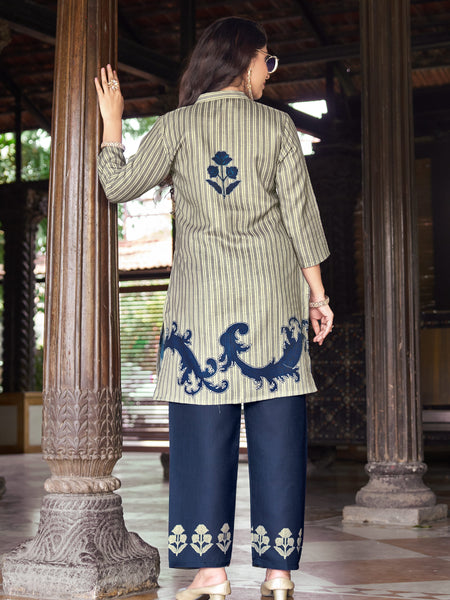 Dark Blue Striped Kurta Set with Floral Print | Women's 2-Piece Co-ord Set