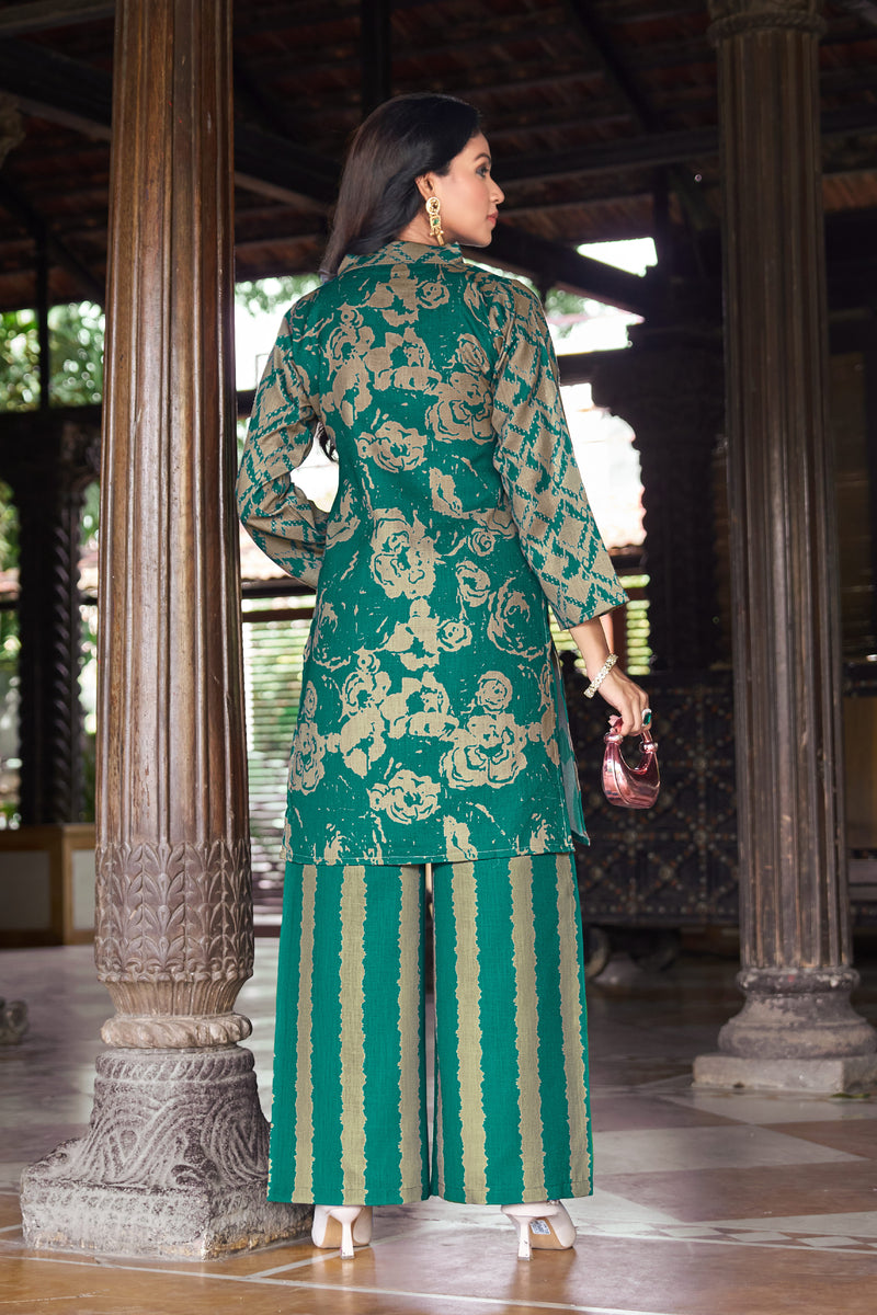 Teal Green Geometric Printed Kurta Set with Striped Palazzo | Women's 2-Piece Co-ord Set