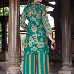 Teal Green Geometric Printed Kurta Set with Striped Palazzo | Women's 2-Piece Co-ord Set