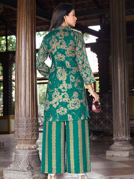 Teal Green Geometric Printed Kurta Set with Striped Palazzo | Women's 2-Piece Co-ord Set