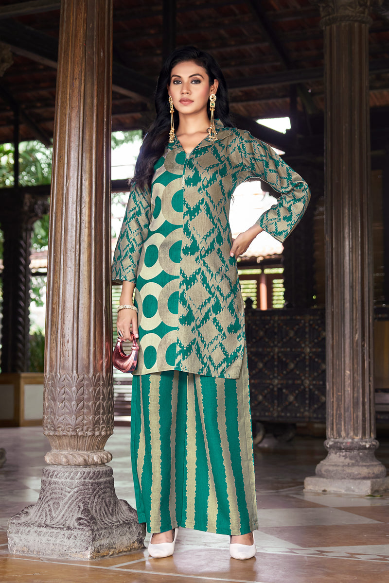 Teal Green Geometric Printed Kurta Set with Striped Palazzo | Women's 2-Piece Co-ord Set