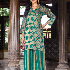 Teal Green Geometric Printed Kurta Set with Striped Palazzo | Women's 2-Piece Co-ord Set