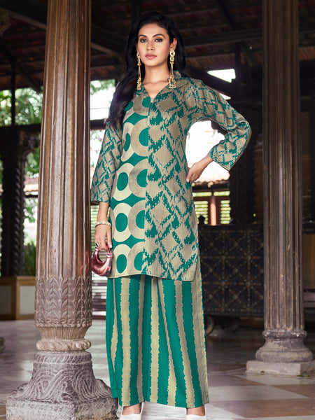 Teal Green Geometric Printed Kurta Set with Striped Palazzo | Women's 2-Piece Co-ord Set