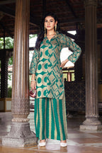 Teal Green Geometric Printed Kurta Set with Striped Palazzo | Women's 2-Piece Co-ord Set