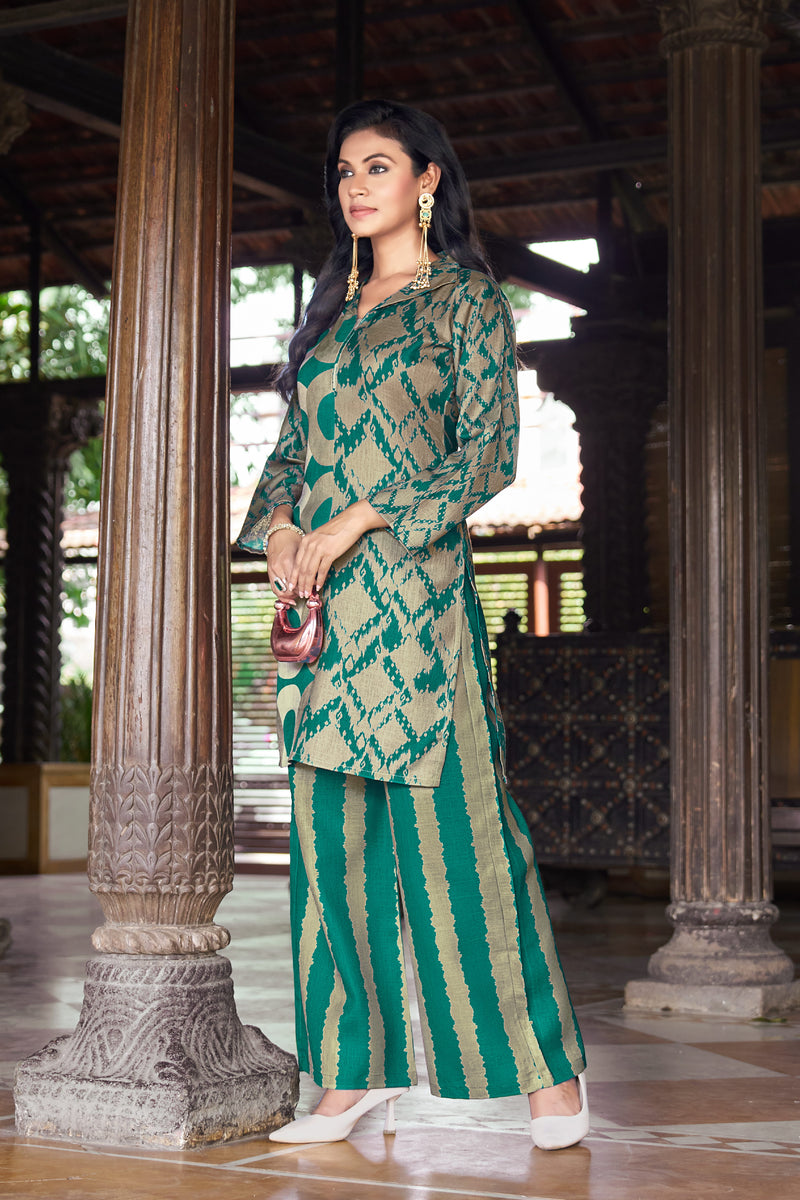 Teal Green Geometric Printed Kurta Set with Striped Palazzo | Women's 2-Piece Co-ord Set
