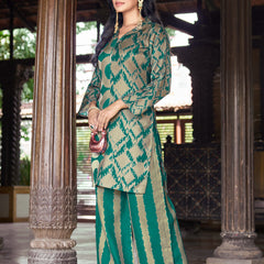 Teal Green Geometric Printed Kurta Set with Striped Palazzo | Women's 2-Piece Co-ord Set