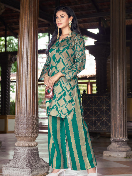 Teal Green Geometric Printed Kurta Set with Striped Palazzo | Women's 2-Piece Co-ord Set