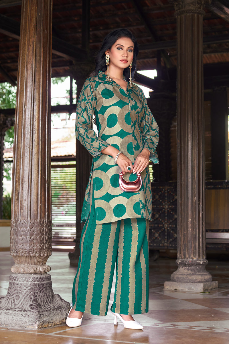 Teal Green Geometric Printed Kurta Set with Striped Palazzo | Women's 2-Piece Co-ord Set