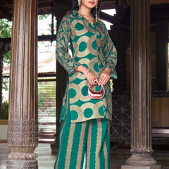 Teal Green Geometric Printed Kurta Set with Striped Palazzo | Women's 2-Piece Co-ord Set