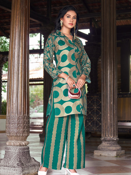 Teal Green Geometric Printed Kurta Set with Striped Palazzo | Women's 2-Piece Co-ord Set