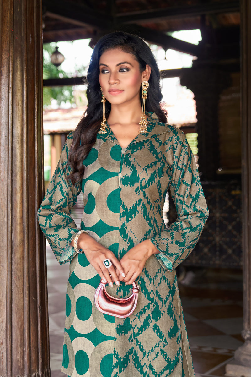 Teal Green Geometric Printed Kurta Set with Striped Palazzo | Women's 2-Piece Co-ord Set