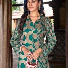Teal Green Geometric Printed Kurta Set with Striped Palazzo | Women's 2-Piece Co-ord Set