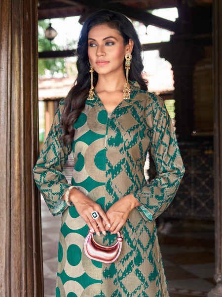 Teal Green Geometric Printed Kurta Set with Striped Palazzo | Women's 2-Piece Co-ord Set
