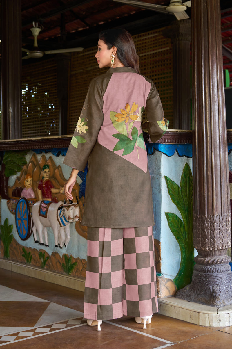 Olive Pink Colour Block Floral Kurta Set with Checked Palazzo | Women's 2-Piece Co-ord Set