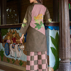 Olive Pink Colour Block Floral Kurta Set with Checked Palazzo | Women's 2-Piece Co-ord Set