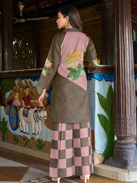 Olive Pink Colour Block Floral Kurta Set with Checked Palazzo | Women's 2-Piece Co-ord Set