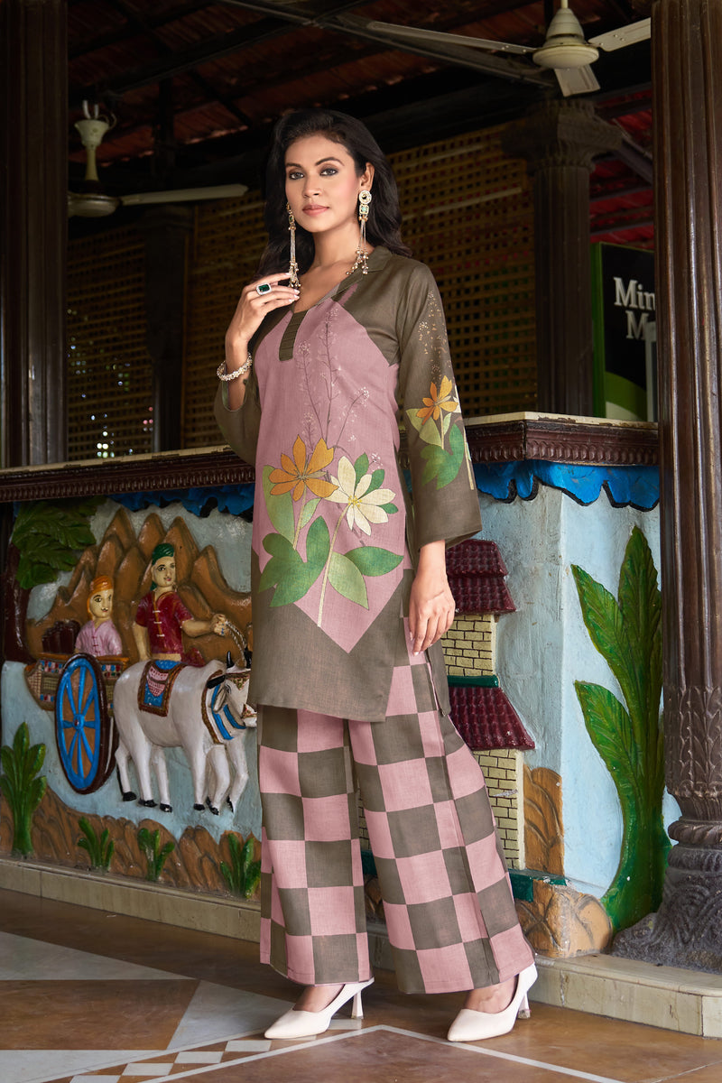 Olive Pink Colour Block Floral Kurta Set with Checked Palazzo | Women's 2-Piece Co-ord Set